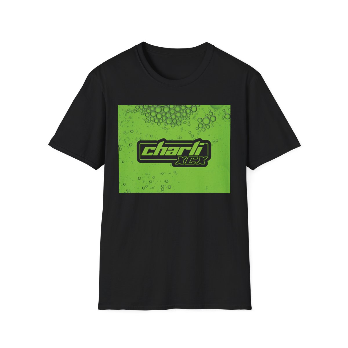 Charli xcx logo graphic T-Shirt | Green bubble rectangle band tee | Charli XCX - alternate angle 2, merchandise